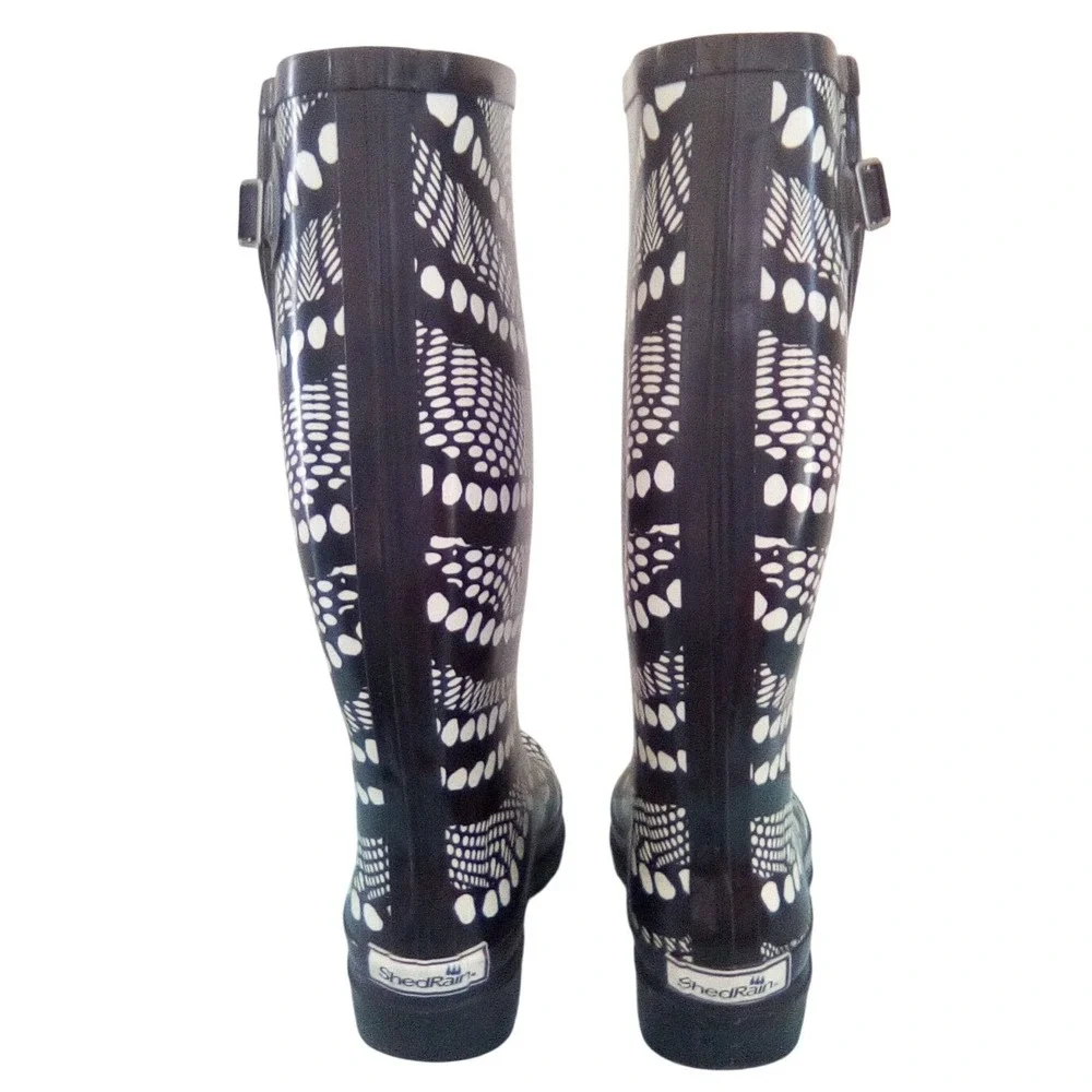ShedRain Women Black‎ White Optical Illusion Print Tall Rubber Rain Boots Size 7